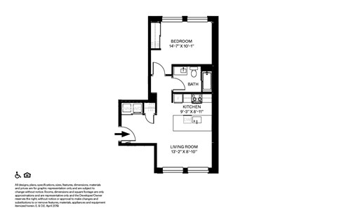 Floor plan for 1 bed, 1 bath, 580 sqft